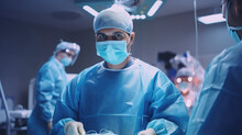 A Focused Doctor In Scrubs And Mask Stands In An Operating Room, Surrounded By Medical Equipment AI Generated.