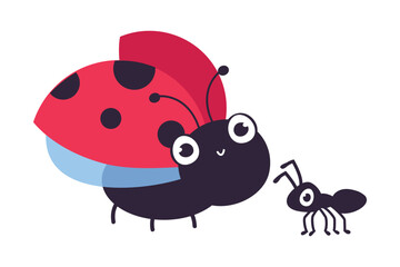 Wall Mural - Cute ladybug and ant. Funny little insects cartoon vector illustration