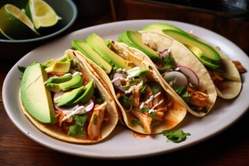 Wall Mural - plate of tacos, filled with spicy chicken and creamy avocado, created with generative ai