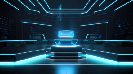 Wall Mural - Empty podium in a futuristic room with holographic displays and neon light in the background. Generative AI.