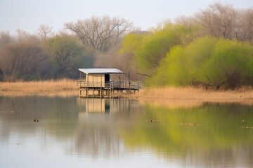 Poster - wildlife refuge with tranquil lake and full of wildlife, created with generative ai