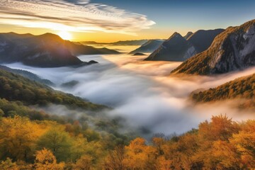 Wall Mural - majestic mountain sunrise over misty valley, created with generative ai