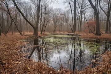 Canvas Print - tranquil scene of fallen leaves on a still pond, created with generative ai