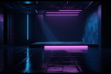 Poster - space rays blue abstract fog neon smoke room background light line. Generative AI.