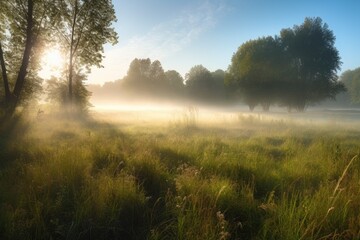 Poster - pristine meadow in the morning light, with mist rising from the grass, created with generative ai