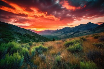 Poster - majestic mountain range with a sunset sky, clouds and vibrant colors, created with generative ai