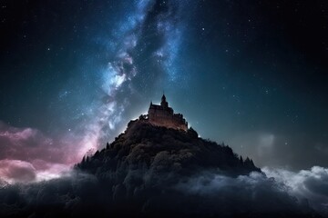 Wall Mural - magical galaxy with castle in the clouds and stars in the sky, created with generative ai