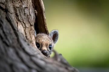 Wall Mural - baby animal peeking out from behind tree trunk, created with generative ai