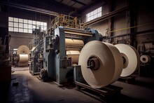 Pulp And Paper Factory, With Machines Producing Rolls Of Paper From Recycled Materials, Created With Generative Ai