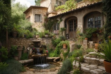 Sticker - mediterranean house, surrounded by lush garden and running water features, created with generative ai