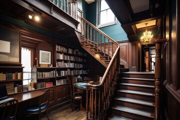 Poster - staircase in library, leading to the second floor with books and reading lamps visible, created with generative ai