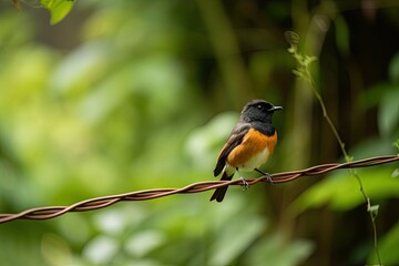 Canvas Print - male redstart bird perched on wire, surrounded by lush greenery, created with generative ai