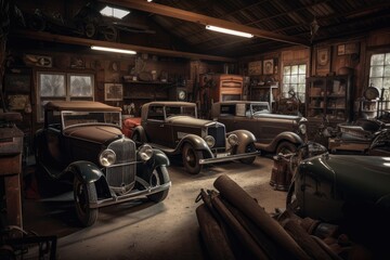 Poster - old garage, filled with vintage cars and equipment, ready for a photo shoot, created with generative ai