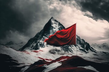 Wall Mural - snow-capped mountain peak with red flag and view of the valley below, created with generative ai