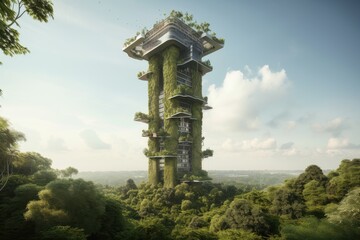 Canvas Print - futuristic tower, surrounded by lush greenery, with a glimpse of the sky above, created with generative ai