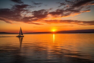 Sticker - beautiful sunset over the water, with sailboat in view, created with generative ai