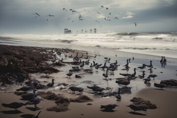 Sticker - oil spill on beach, with waves rolling in and seagulls flying overhead, created with generative ai