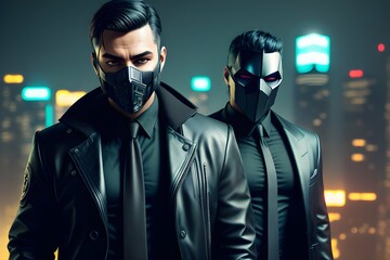 Two men in black clothes and masks. Two mafiosi in black suits. Night city of the future. Generative AI