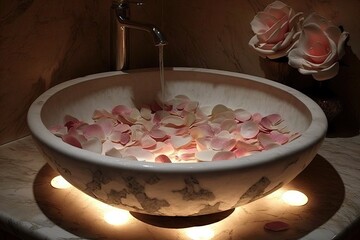 Canvas Print - round white wash basin with floating candle and rose petals, created with generative ai