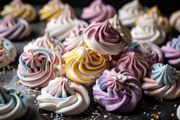 Poster - meringue cookies, decorated with piped swirls of icing and sprinkles, created with generative ai