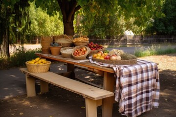 Poster - wooden picnic table with checkered blanket and baskets of food in a park setting, created with generative ai