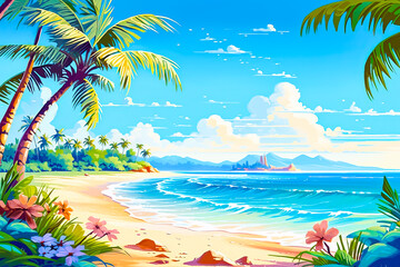 Wall Mural - Sunny tropical beach with palms and flowers. Generative AI