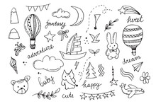 A Set Of Children Drawings. Kid Doodle.clouds, Summer Flowers And Trees, Air Balloons, Cute Rabbit And Other Black White Elements. Vector Illustration On White Background