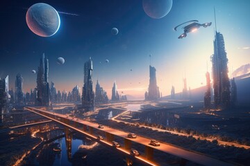 Canvas Print - moonrise over futuristic metropolis, with hovercars zipping across the sky, created with generative ai