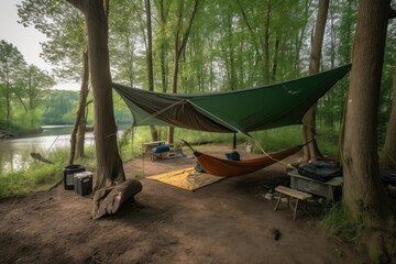 Wall Mural - campsite with large canopy tent and hammock for ultimate relaxation, created with generative ai