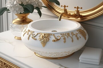 Wall Mural - round white washbasin with intricate gold accents, for luxurious and classic bathroom, created with generative ai