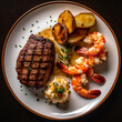 Generative AI Illustration of A Surf and Turf Dinner with Steak, Shrimp and Potatoes