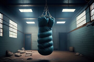 Canvas Print - punching bag, hanging from ceiling in gym, with ropes and chains, created with generative ai