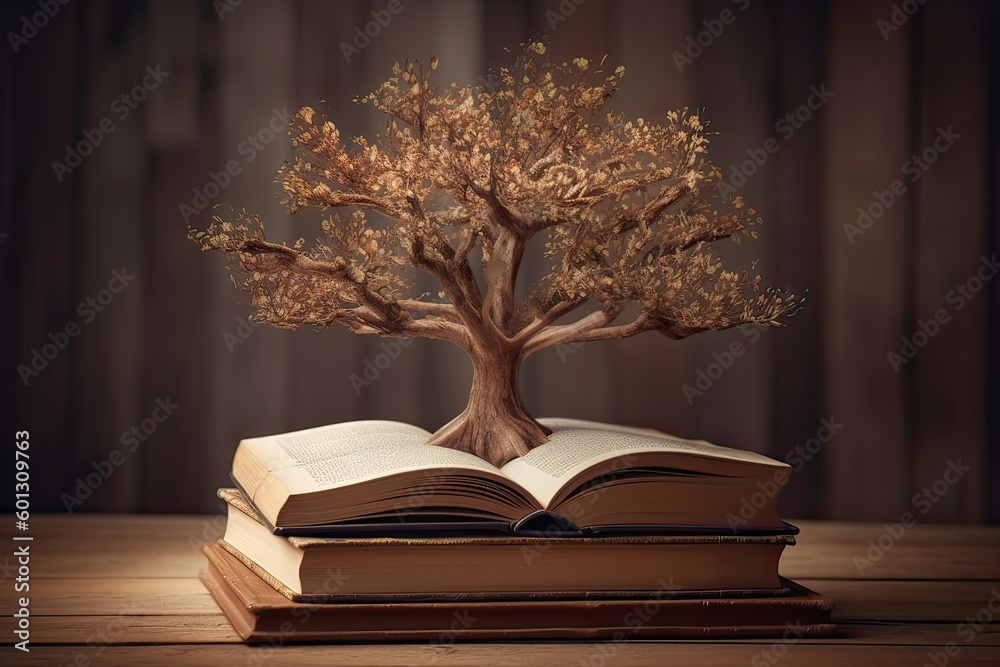 education concept with tree of knowledge planting on opening old big ...