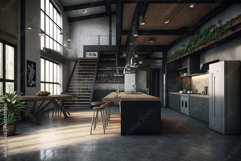industrial home with concrete floors, steel beams, and unfinished wood ...
