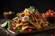 top-view of stack of warm and gooey nachos with choice of fresh or spicy toppings, created with generative ai