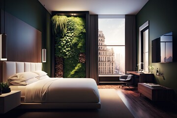 luxurious hotel room with vertical garden on wall and view of bustling city street, created with generative ai