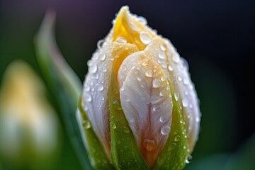 Canvas Print - close-up of blooming flower bud, with dewdrop and light visible on the petals, created with generative ai