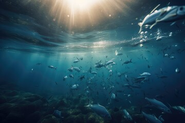 Wall Mural - microplastic pollution in the ocean, with fish swimming among plastic particles, created with generative ai