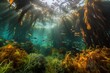 kelp forest with schools of colorful fish swimming among the fronds, created with generative ai