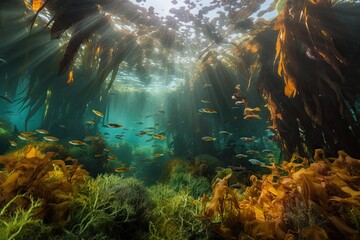 Wall Mural - kelp forest with schools of colorful fish swimming among the fronds, created with generative ai