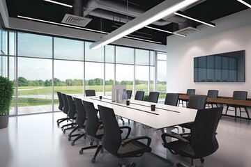 Wall Mural - furnished meeting room with view of an active factory floor, showcasing the company's commitment to industry and innovation, created with generative ai