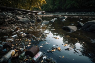 Sticker - microplastic pollution in river, with trash and debris floating on the water, created with generative ai