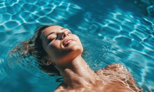 High Angle View Of Woman Relaxing In The Swimming Pool Water With Closed Eyes. Summer Vacation. Generative AI.