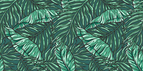 Wall Mural - Tropical exotic green leaves or plant seamless pattern for summer background and beach wallpaper
