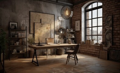 Modern office Interior with old vintage brick Wall. Art work business space. Generative Ai.