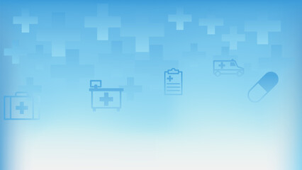 Poster - Healthcare and medical innovation background with medical cross and icons. Medicine and science concept backdrop