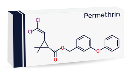 Permethrin molecule. It is insecticide and medication, used in treatment of lice infestations and scabies. Skeletal chemical formula. Paper packaging for drugs.