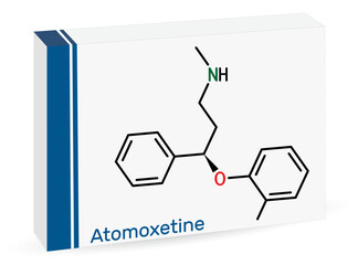 Sticker - Atomoxetine molecule. It is used in the management of Attention Deficit Hyperactivity Disorder ADHD. Skeletal chemical formula. Paper packaging for drugs.