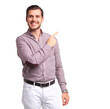 Happy smiling young man presenting and showing your text or product isolated on transparent background