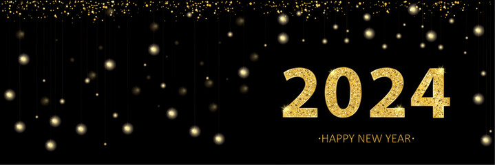 Wall Mural - Black Banner Golden 2024 New Year Hanging Lights